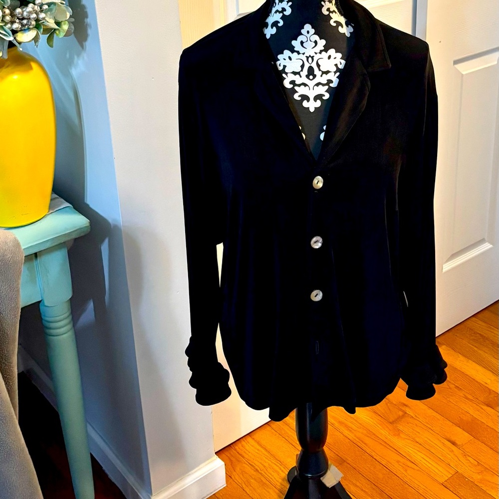 Chico's Travelers Womens Cardigan Jacket Sz 2 / L  Black Open Ruffle Sleeves